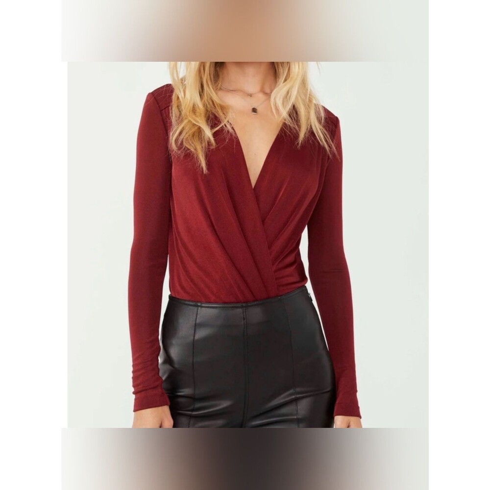 Free People Turnt Bodysuit Wrap Long Sleeve in Dark Rhubarb